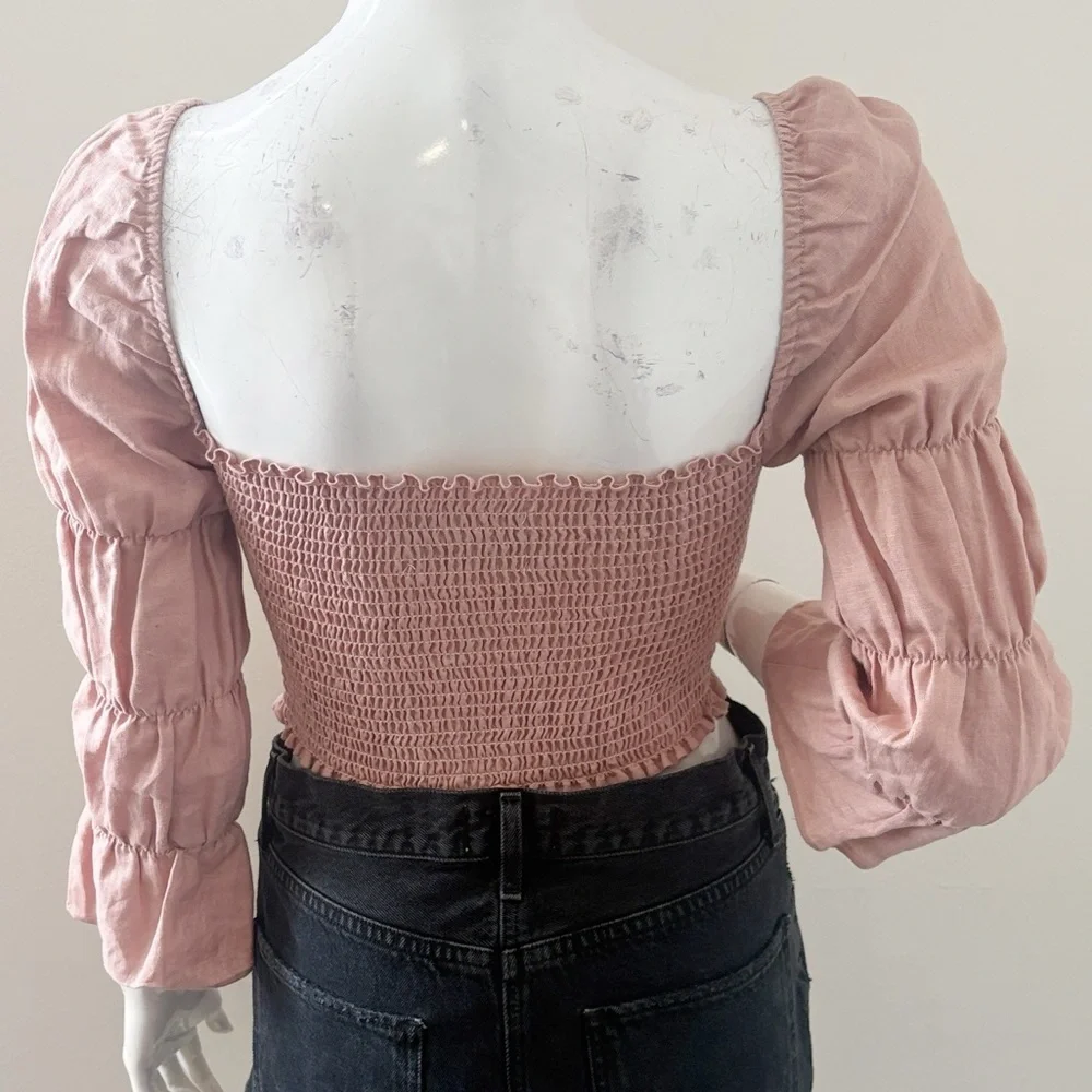 The Reformation Maple Blush Rose Pink Linen Crop Top Ruching & Square Neckline